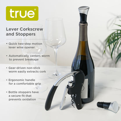 Lever Corkscrew and Stoppers, Set of 3 in SIOC pkg