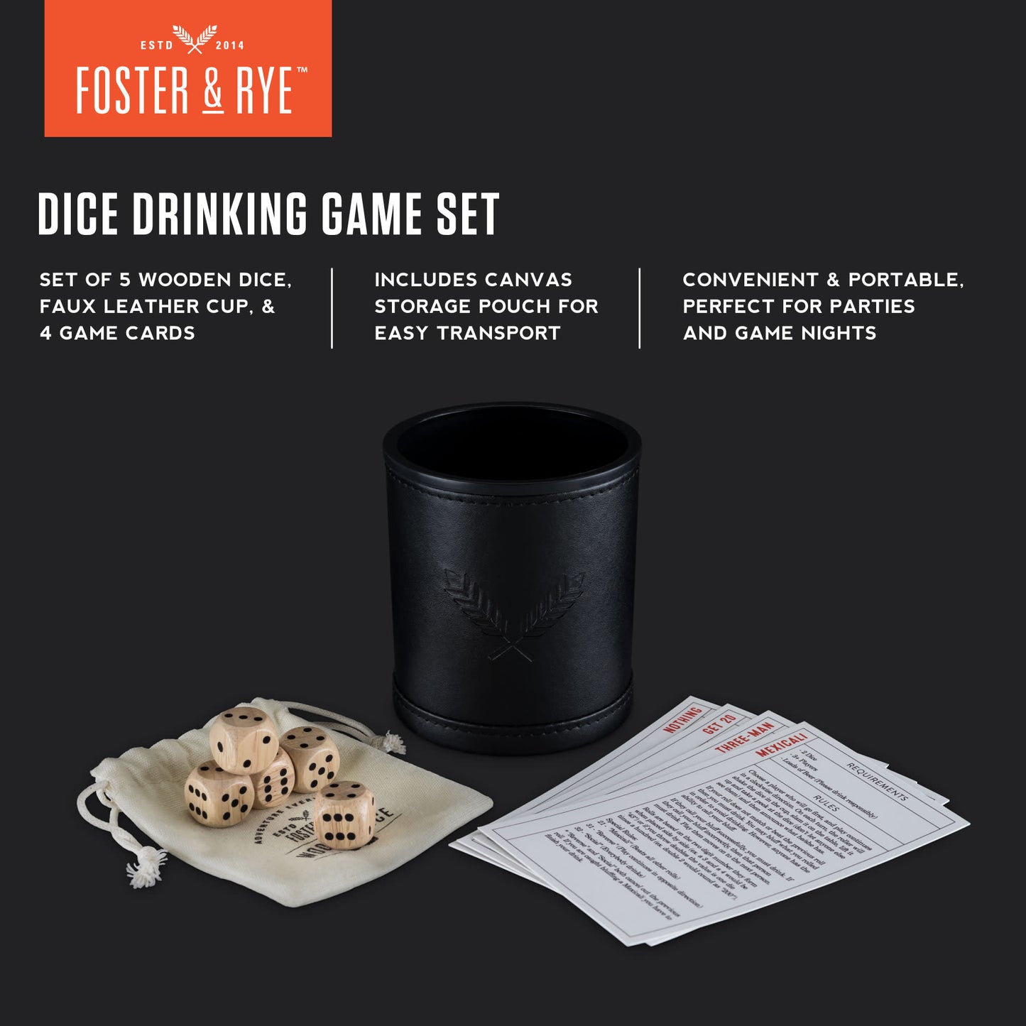 Wood Dice & Faux Leather Dice Cup Drinking Game Set