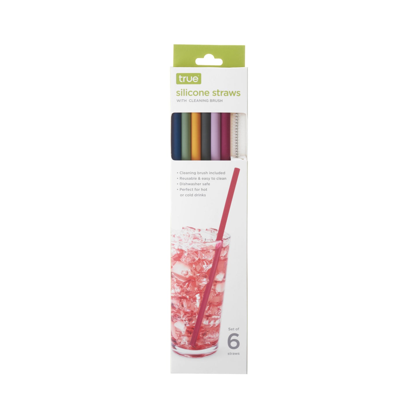 Silicone Straws, Set of 6 with Cleaning Brush by True