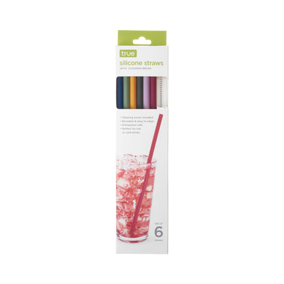 Silicone Straws, Set of 6 with Cleaning Brush by True