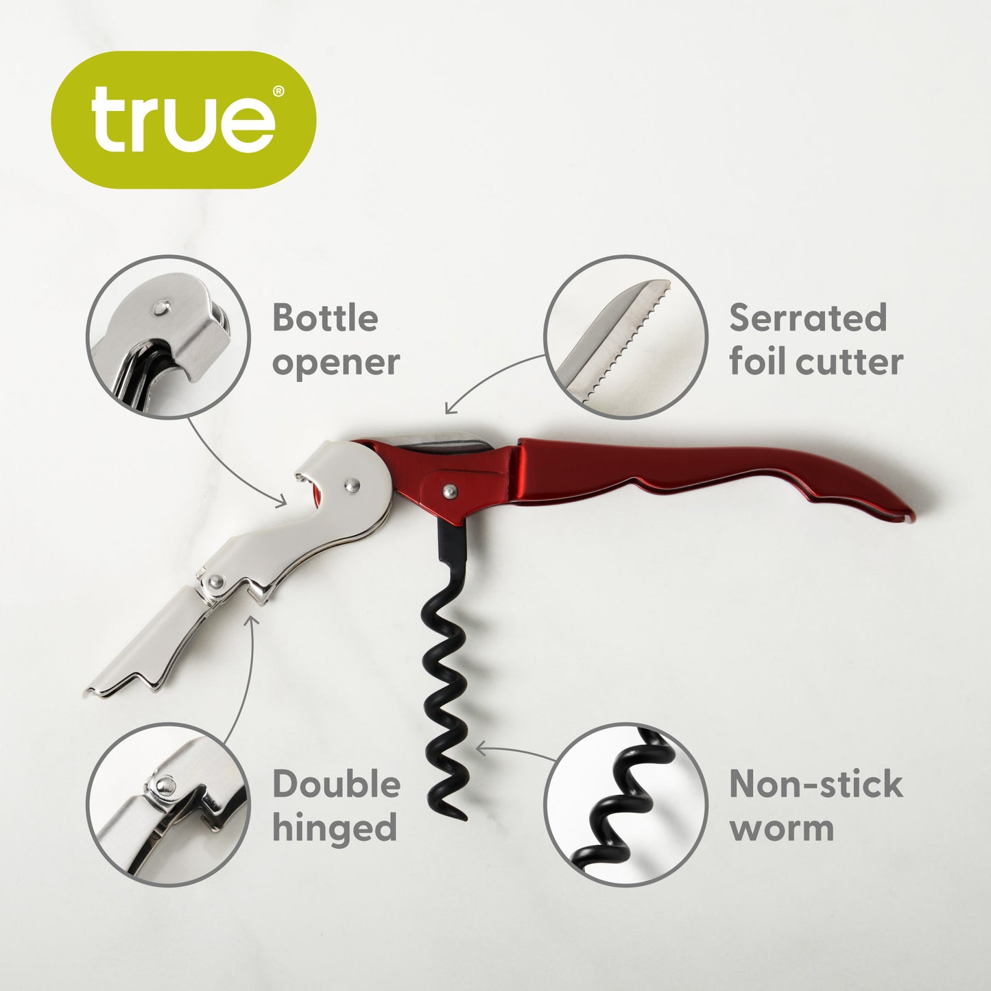 Truetap™: Double-Hinged Waiter's Corkscrew in Metallic Red