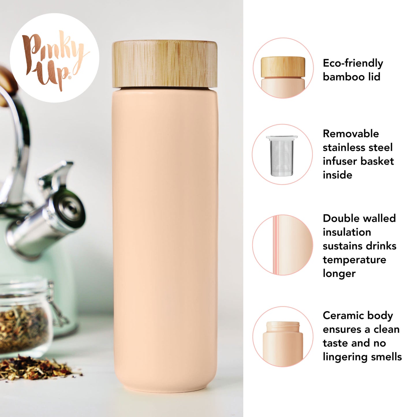 Tatyana Ceramic To-Go Infuser Mug in Coral by Pinky Up