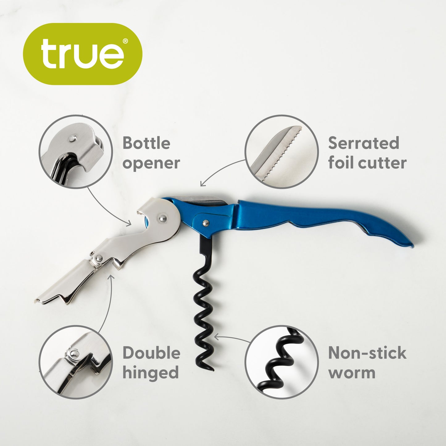 Truetap™: Double-Hinged Waiter's Corkscrew in Metallic Blue