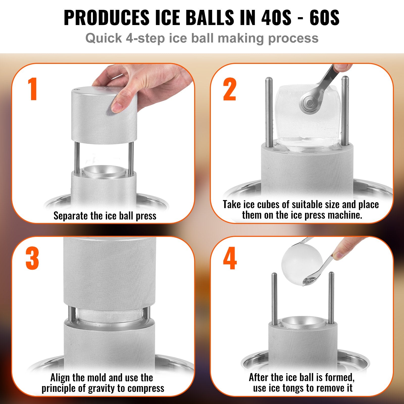 VEVOR Ice Ball Press, 2.4" Ice Ball Maker, Aircraft Al Alloy Ice Ball Press Kit for 60mm Ice Sphere, Ice Press with Tong and Drip Tray, for Whiskey, Cocktail, Bourbon, Scot on Party & Holiday, Silver-1