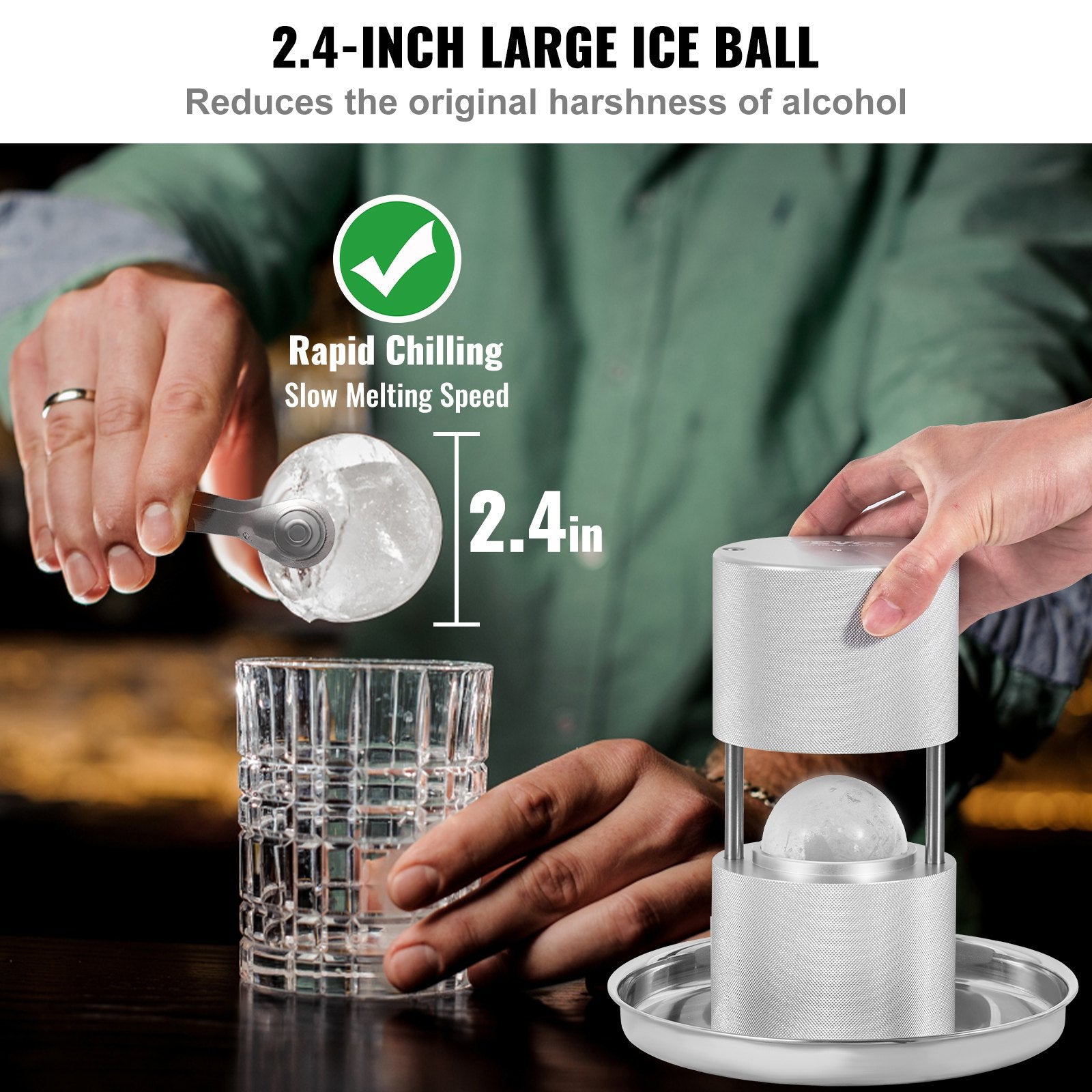 VEVOR Ice Ball Press, 2.4" Ice Ball Maker, Aircraft Al Alloy Ice Ball Press Kit for 60mm Ice Sphere, Ice Press with Tong and Drip Tray, for Whiskey, Cocktail, Bourbon, Scot on Party & Holiday, Silver-2