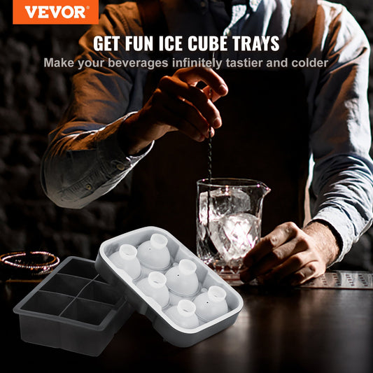 VEVOR Ice Cube Trays (Set of 2), 2-in-1 Combo with Silicone Sphere Ice Ball Maker & Large Square Ice Cube Maker with Lid, Reusable Easy Release BPA Free Ice Tray Set for Whiskey Cocktails Bourbon-0