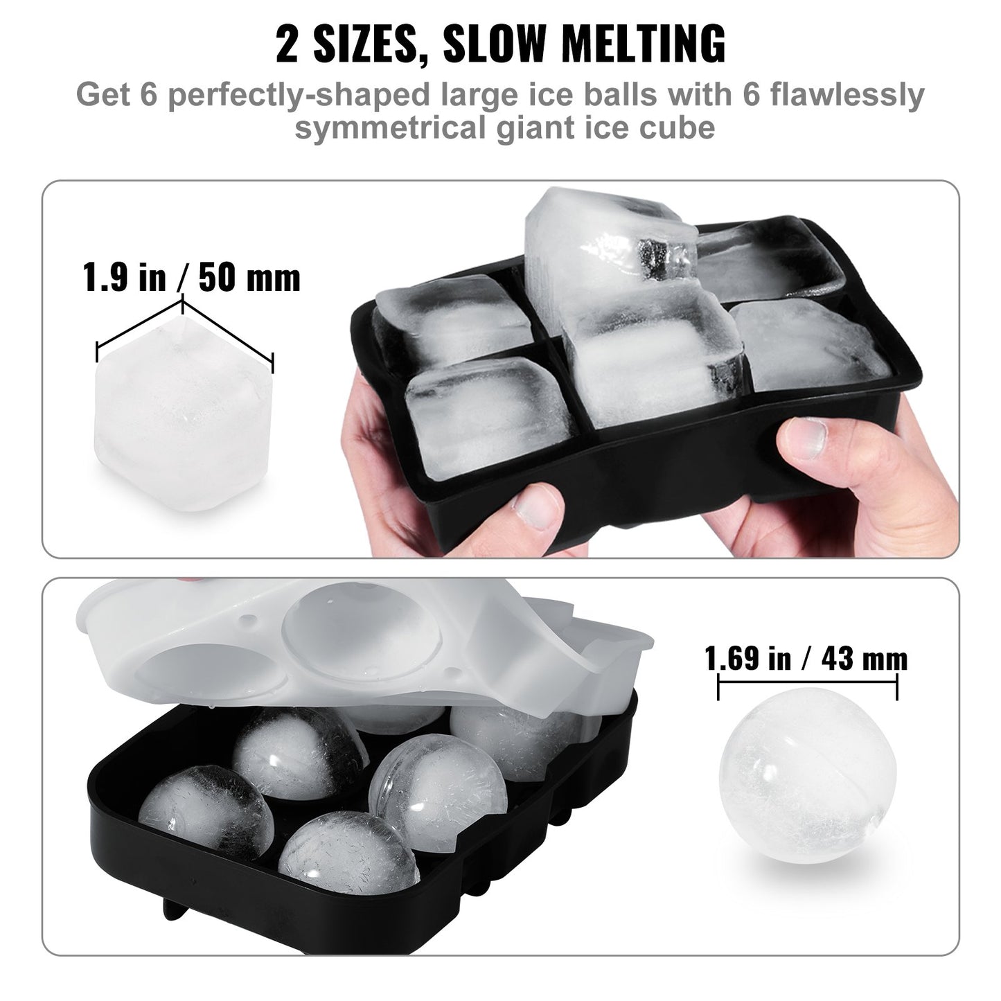 VEVOR Ice Cube Trays (Set of 2), 2-in-1 Combo with Silicone Sphere Ice Ball Maker & Large Square Ice Cube Maker with Lid, Reusable Easy Release BPA Free Ice Tray Set for Whiskey Cocktails Bourbon-1