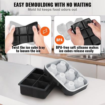 VEVOR Ice Cube Trays (Set of 2), 2-in-1 Combo with Silicone Sphere Ice Ball Maker & Large Square Ice Cube Maker with Lid, Reusable Easy Release BPA Free Ice Tray Set for Whiskey Cocktails Bourbon-3