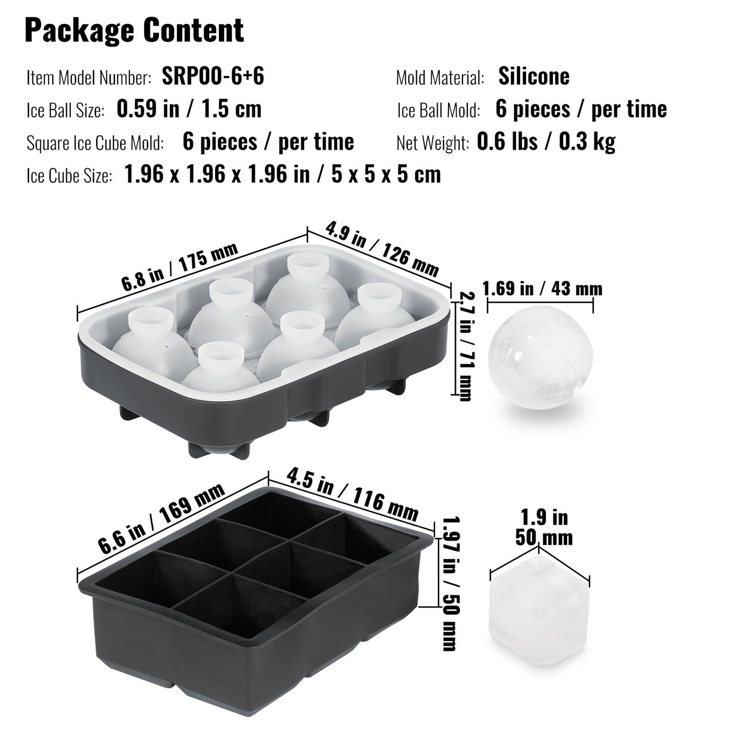 VEVOR Ice Cube Trays (Set of 2), 2-in-1 Combo with Silicone Sphere Ice Ball Maker & Large Square Ice Cube Maker with Lid, Reusable Easy Release BPA Free Ice Tray Set for Whiskey Cocktails Bourbon-5