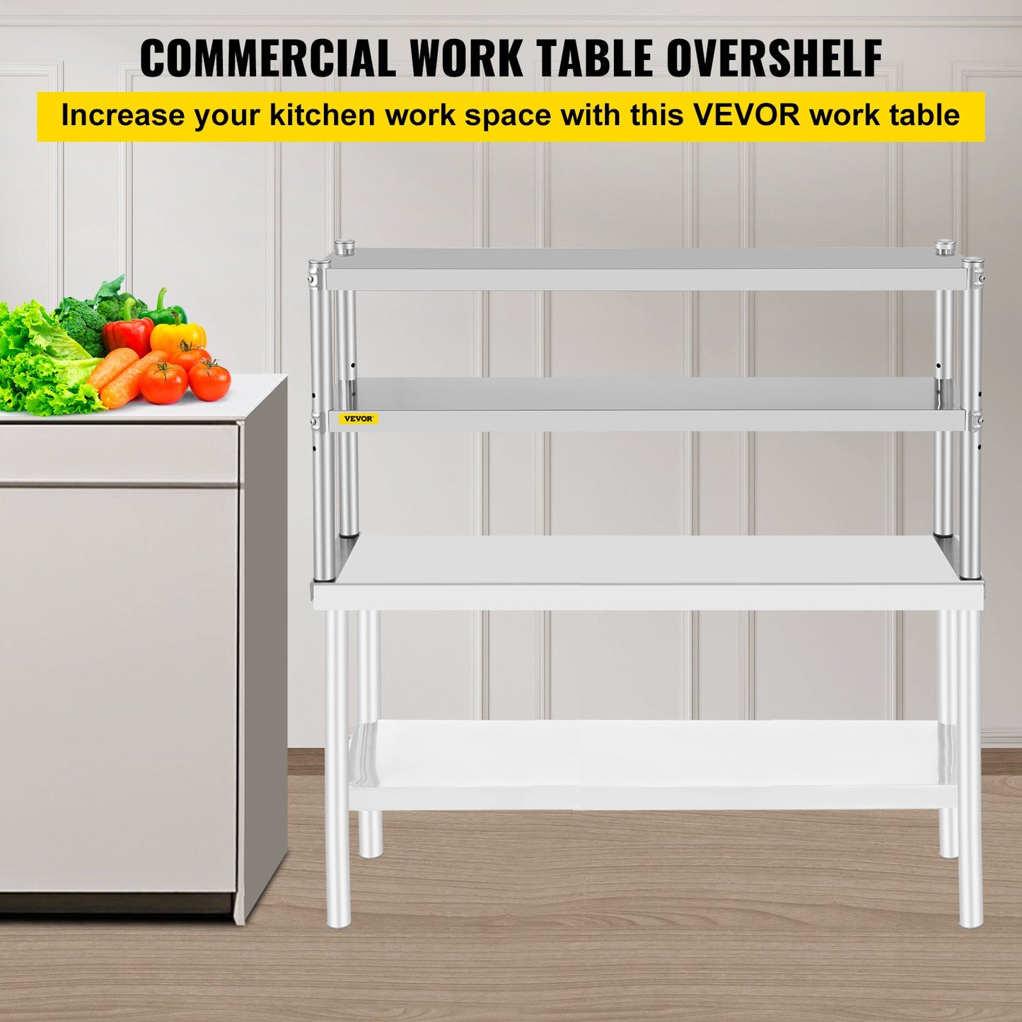 VEVOR Double Overshelf, Double Tier Stainless Steel Overshelf, 48 x 12 x 24 in Double Deck Overshelf, Height Adjustable Overshelf for Prep & Work Table in Kitchen, Restaurant-0