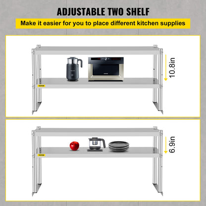 VEVOR Double Overshelf, Double Tier Stainless Steel Overshelf, 48 x 12 x 24 in Double Deck Overshelf, Height Adjustable Overshelf for Prep & Work Table in Kitchen, Restaurant-3