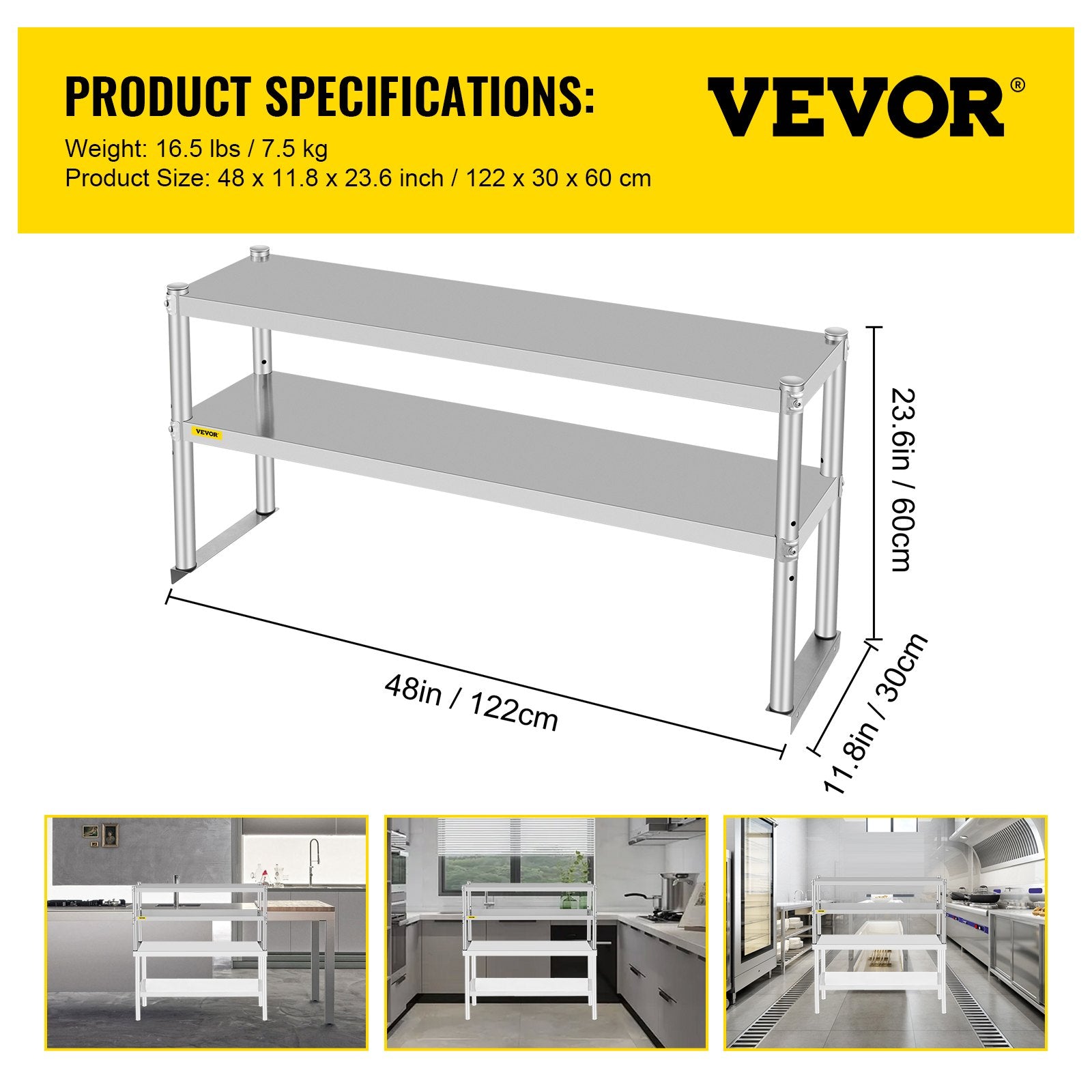 VEVOR Double Overshelf, Double Tier Stainless Steel Overshelf, 48 x 12 x 24 in Double Deck Overshelf, Height Adjustable Overshelf for Prep & Work Table in Kitchen, Restaurant-5