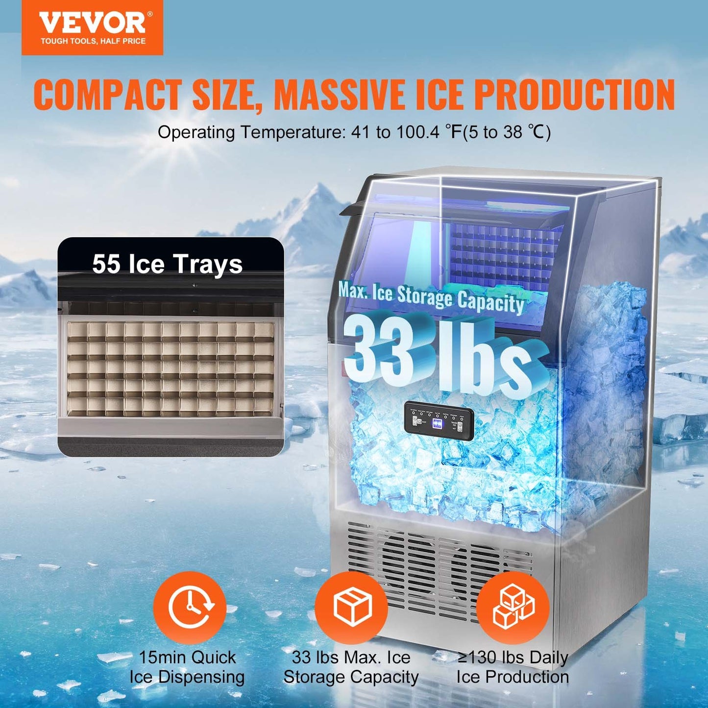 Commercial Ice Maker, 130lbs/24H-0