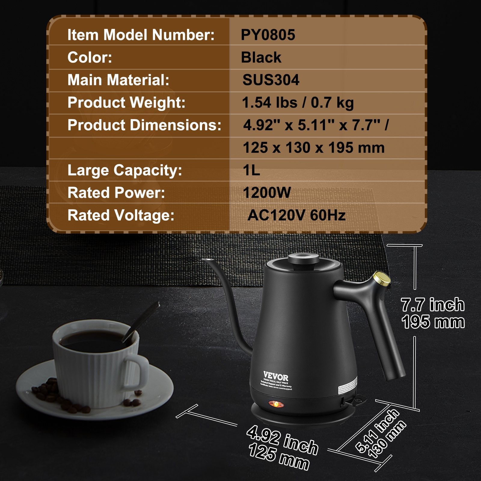 1L Electric Gooseneck Kettle, 1200W-5