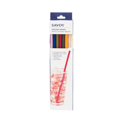 Silicone Straws, Set of 6 with Cleaning Brush by Savoy
