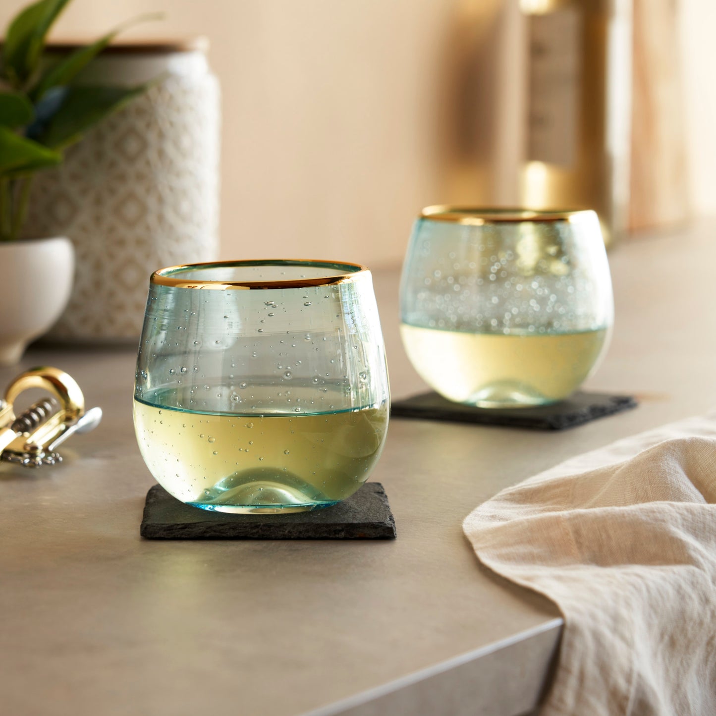 Aqua Bubble Stemless Wine Glass Set by Twine®