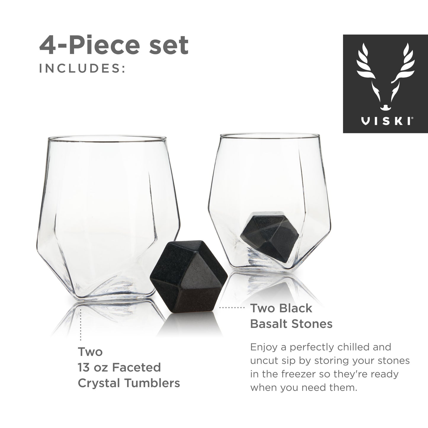 4-Piece Faceted Tumbler & Hexagonal Basalt Stone Set